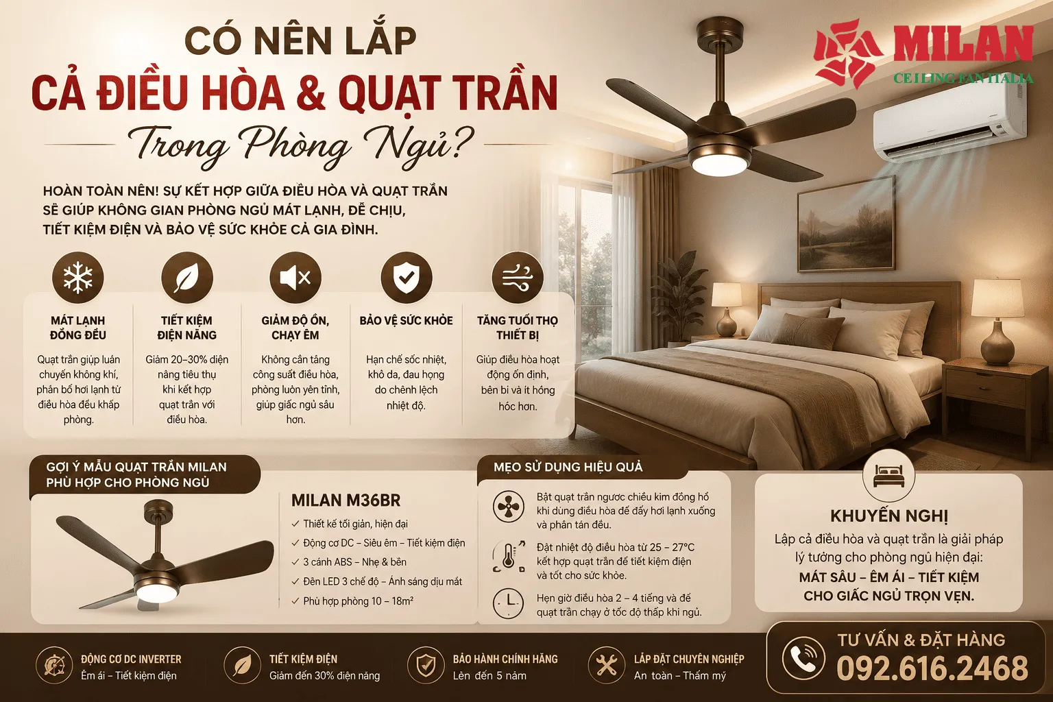 lắp quạt trần và điều hoà cho phòng ngủ